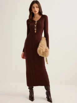 Clearance Cutout Slim Sweater Long Dress Sweater Dresses|Work Dresses