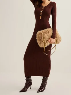 Clearance Cutout Slim Sweater Long Dress Sweater Dresses|Work Dresses