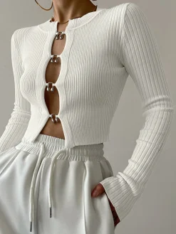 Online Cutout Split Beads Detail Ribbed Knit Top Sweater Tops|Sweaters & Cardigans