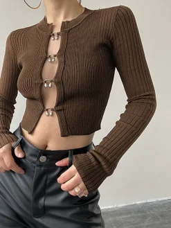 Online Cutout Split Beads Detail Ribbed Knit Top Sweater Tops|Sweaters & Cardigans