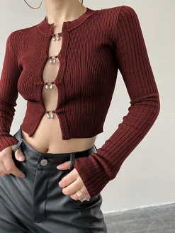 Online Cutout Split Beads Detail Ribbed Knit Top Sweater Tops|Sweaters & Cardigans