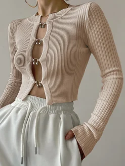 Online Cutout Split Beads Detail Ribbed Knit Top Sweater Tops|Sweaters & Cardigans