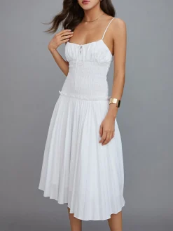 Sale Cutout Tie Front Pleated Cami Midi Dress White Dresses|Casual Dresses