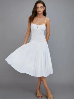 Sale Cutout Tie Front Pleated Cami Midi Dress White Dresses|Casual Dresses