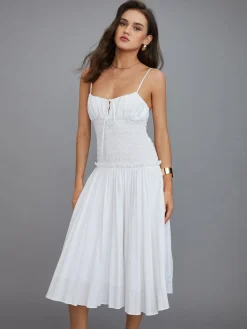 Sale Cutout Tie Front Pleated Cami Midi Dress White Dresses|Casual Dresses