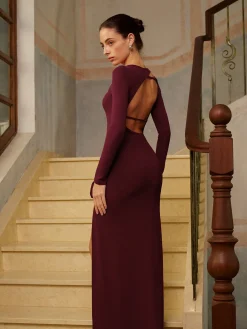 Online 3D Flower Backless Split Jersey Dress Dresses