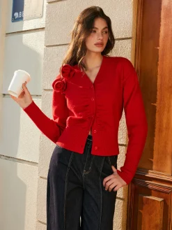 Outlet 3D Flower Button Pleated Cardigan Cardigans|Sweaters & Cardigans