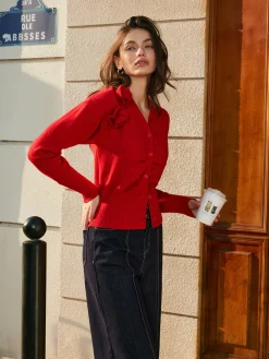 Outlet 3D Flower Button Pleated Cardigan Cardigans|Sweaters & Cardigans