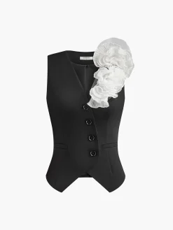Sale 3D Flower Button Vest Vests|Outerwear