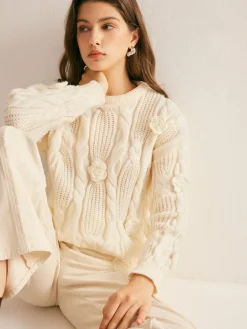 Clearance 3D Flower Cable-Knit Pullover Sweater Sweater Tops|Sweaters & Cardigans