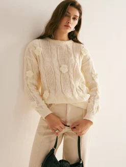 Clearance 3D Flower Cable-Knit Pullover Sweater Sweater Tops|Sweaters & Cardigans