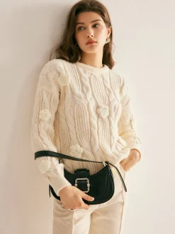 Clearance 3D Flower Cable-Knit Pullover Sweater Sweater Tops|Sweaters & Cardigans