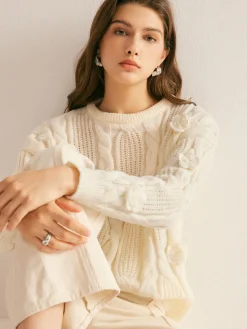 Clearance 3D Flower Cable-Knit Pullover Sweater Sweater Tops|Sweaters & Cardigans