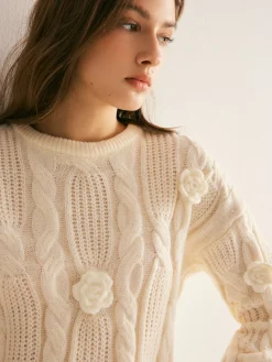 Clearance 3D Flower Cable-Knit Pullover Sweater Sweater Tops|Sweaters & Cardigans