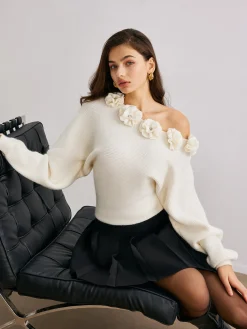 Sale 3D Flower Cold-Shoulder Sweater Sweater Tops|Sweaters & Cardigans
