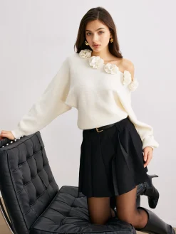 Sale 3D Flower Cold-Shoulder Sweater Sweater Tops|Sweaters & Cardigans