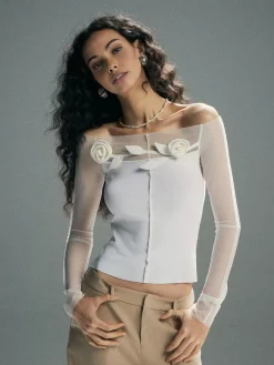 Online 3D Flower Off-Shoulder Mesh Panel Top Blouses & Shirts|Tops