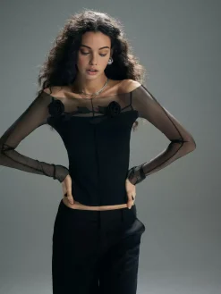 Hot 3D Flower Off-Shoulder Mesh Panel Top Blouses & Shirts|Tops