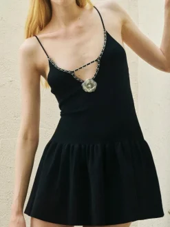 New 3D Flower Pleated Cami Short Dress Black Dresses|Casual Dresses
