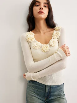 Sale 3D Flower Semi-Sheer Knit Top Sweater Tops|Sweaters & Cardigans