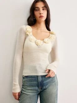 Sale 3D Flower Semi-Sheer Knit Top Sweater Tops|Sweaters & Cardigans