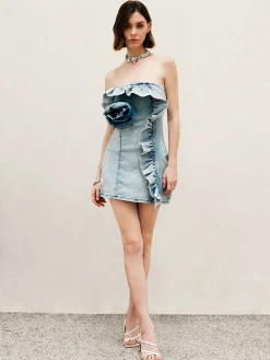 Hot 3D Flower Strapless Denim Short Dress Denim|Dresses
