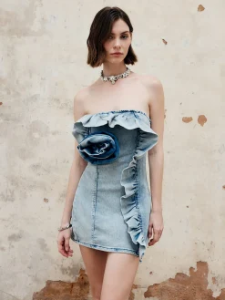 Hot 3D Flower Strapless Denim Short Dress Denim|Dresses