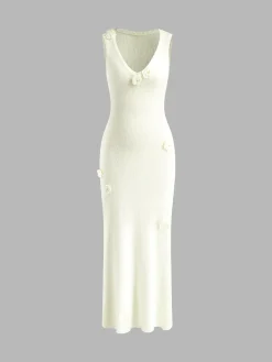 3D Flower V-Neck Sweater Dress White Dresses|Sweater Dresses