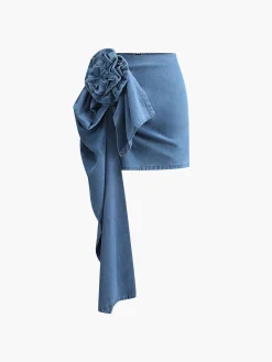 Sale 3D Rose Flower Denim A Line Short Skirt Skirts|Denim