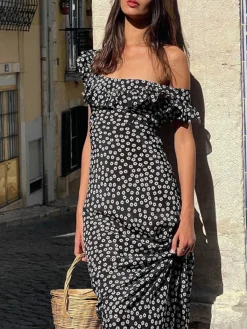 New Daisy Floral Print Long Dress Black Dresses|Floral Dresses