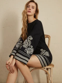 Sale Delicate Embroidery Bell Sleeve Short Dress Black Dresses|Casual Dresses