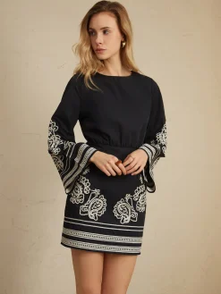 Sale Delicate Embroidery Bell Sleeve Short Dress Black Dresses|Casual Dresses