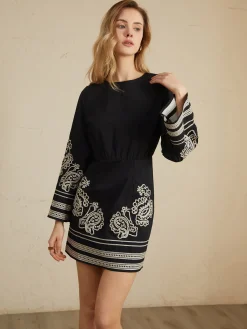 Sale Delicate Embroidery Bell Sleeve Short Dress Black Dresses|Casual Dresses
