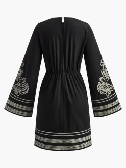 Sale Delicate Embroidery Bell Sleeve Short Dress Black Dresses|Casual Dresses