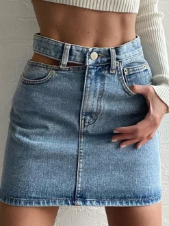 Online Denim High Waist Cut Out Short Skirt Skirts|Denim