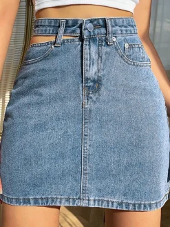 Online Denim High Waist Cut Out Short Skirt Skirts|Denim