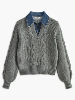 Sale Denim Panel Ribbed Lapel Sweater Sweater Tops|Sweaters & Cardigans