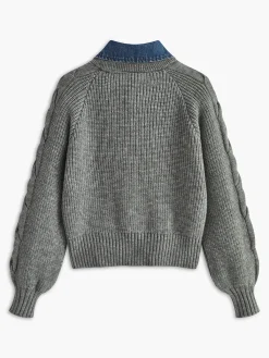 Sale Denim Panel Ribbed Lapel Sweater Sweater Tops|Sweaters & Cardigans