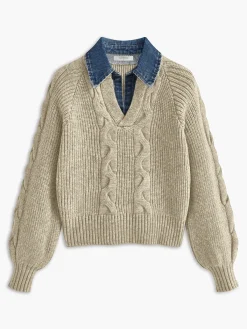 Sale Denim Panel Ribbed Lapel Sweater Sweater Tops|Sweaters & Cardigans