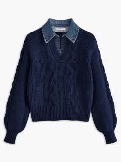 Sale Denim Panel Ribbed Lapel Sweater Sweater Tops|Sweaters & Cardigans
