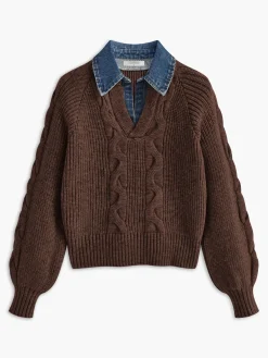 Sale Denim Panel Ribbed Lapel Sweater Sweater Tops|Sweaters & Cardigans