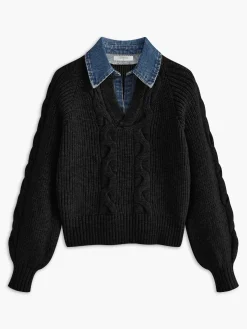 Sale Denim Panel Ribbed Lapel Sweater Sweater Tops|Sweaters & Cardigans