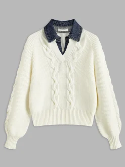 Sale Denim Panel Ribbed Lapel Sweater Sweater Tops|Sweaters & Cardigans