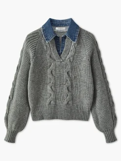 Online Denim Panel Ribbed Lapel Sweater Sweater Tops|Sweaters & Cardigans