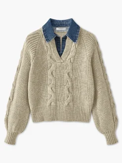 Online Denim Panel Ribbed Lapel Sweater Sweater Tops|Sweaters & Cardigans