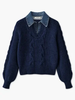 Online Denim Panel Ribbed Lapel Sweater Sweater Tops|Sweaters & Cardigans