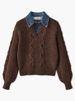 Online Denim Panel Ribbed Lapel Sweater Sweater Tops|Sweaters & Cardigans