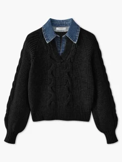 Online Denim Panel Ribbed Lapel Sweater Sweater Tops|Sweaters & Cardigans