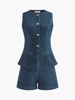 Online Denim Peplum Vest With Shorts Set Shorts Sets|Shorts