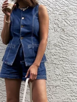 Online Denim Peplum Vest With Shorts Set Shorts Sets|Shorts